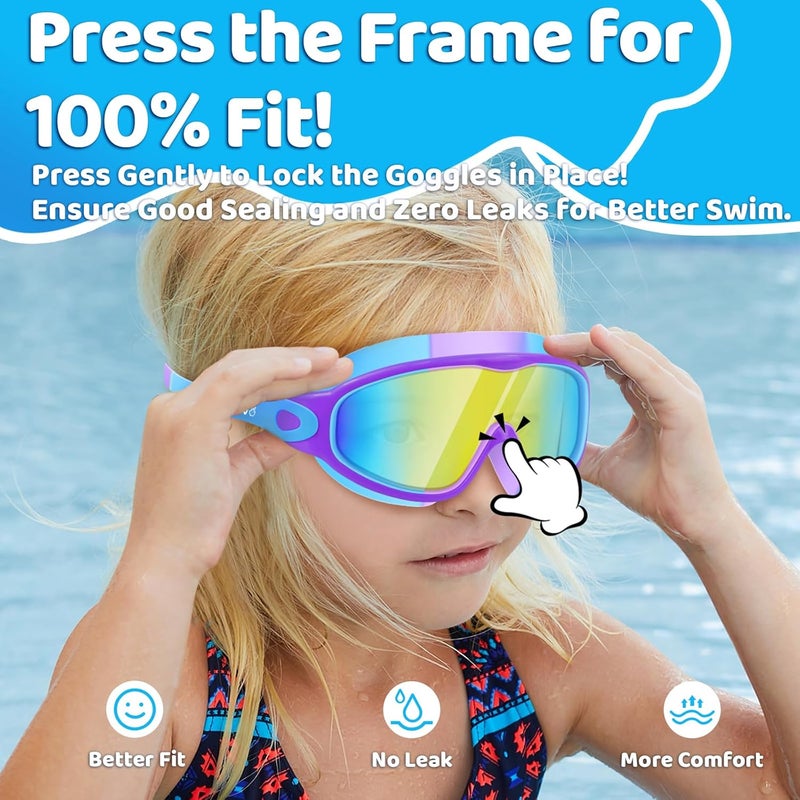 Vvinca Swim Goggles, Kids Goggles with Earplugs& Nose Clip Wide View Anti-Fog/UV Swimming Goggles for Age 3-15 Boys Girls - Image 3